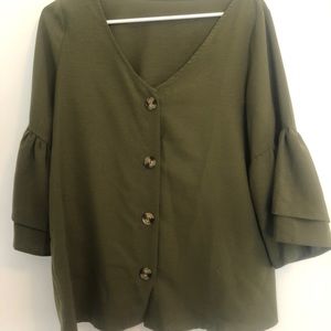 Flowy Olive Green Blouse with Bell Sleeves